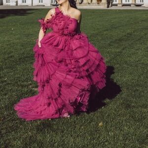 Elegant Pink Ruffled Evening Gown - Lebanese Designer Gown